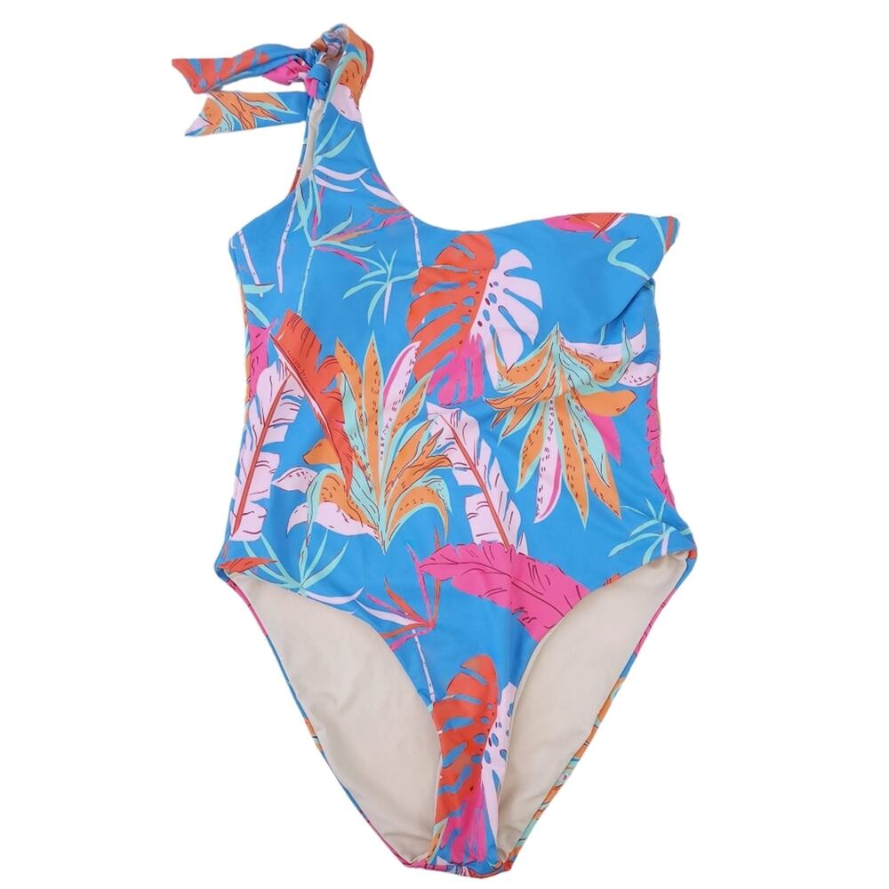 New One Shoulder One Piece Bathing Suit Large Blue Pink Tropical Swimsuit